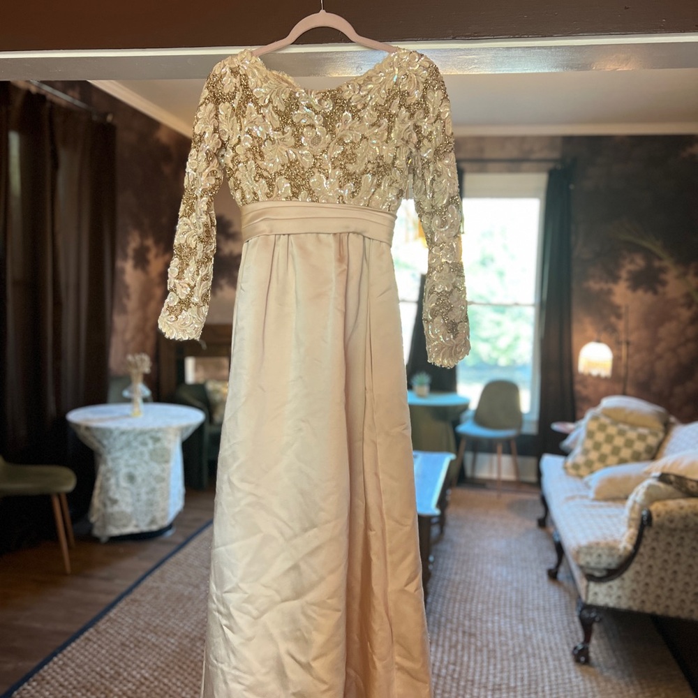 Vintage 1950s-1960s Malcom Starr champagne silk and gold beaded gown